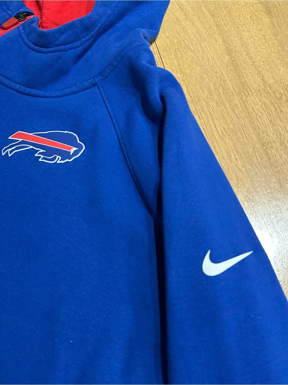 Nike Blue Buffalo Bills Assymetrical Zipper Hoodie with Red Trim Women’s Large